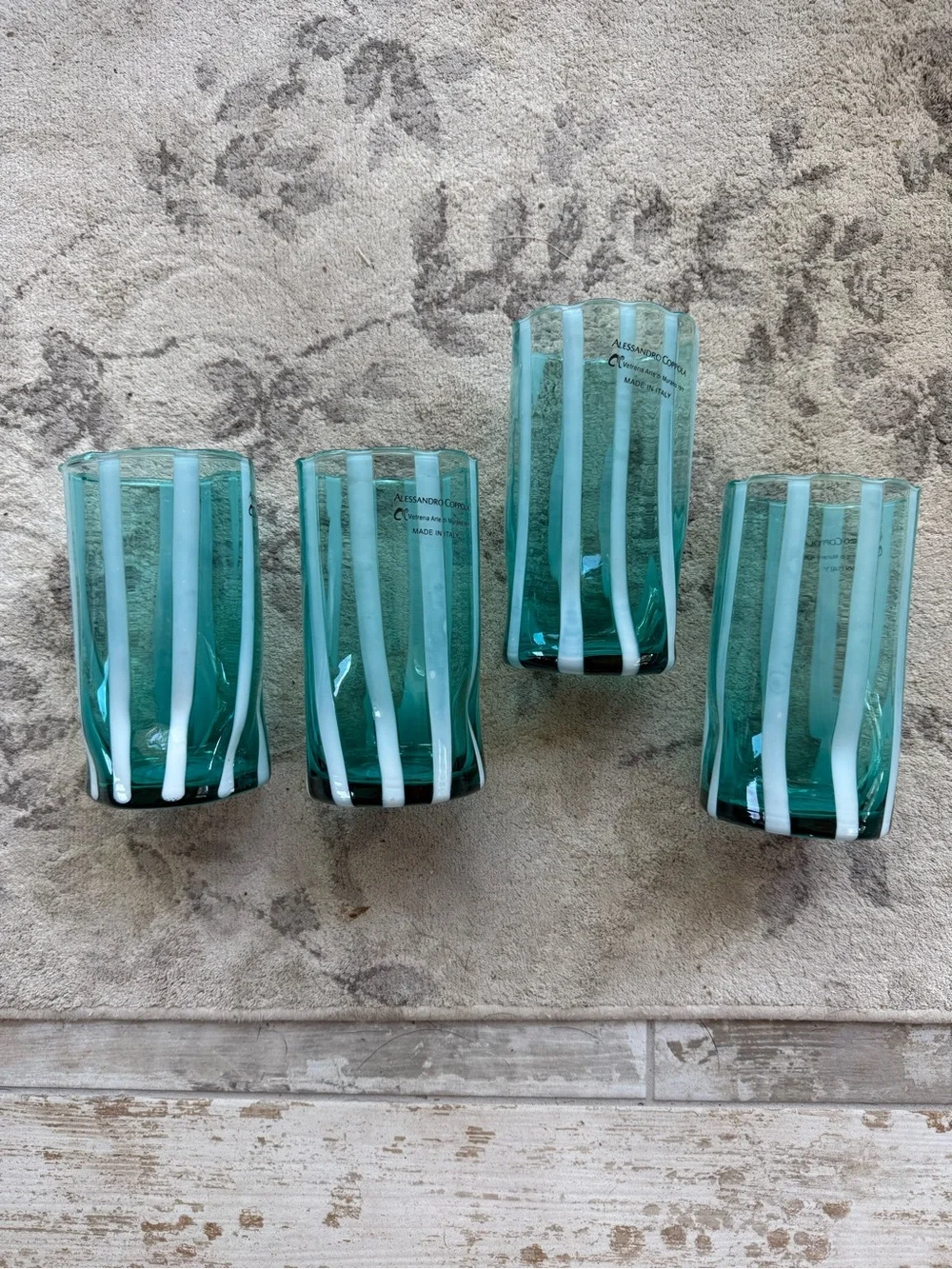 New Set of 4 Alessandro Coppola Aqua green Striped Glasses.  Murano
